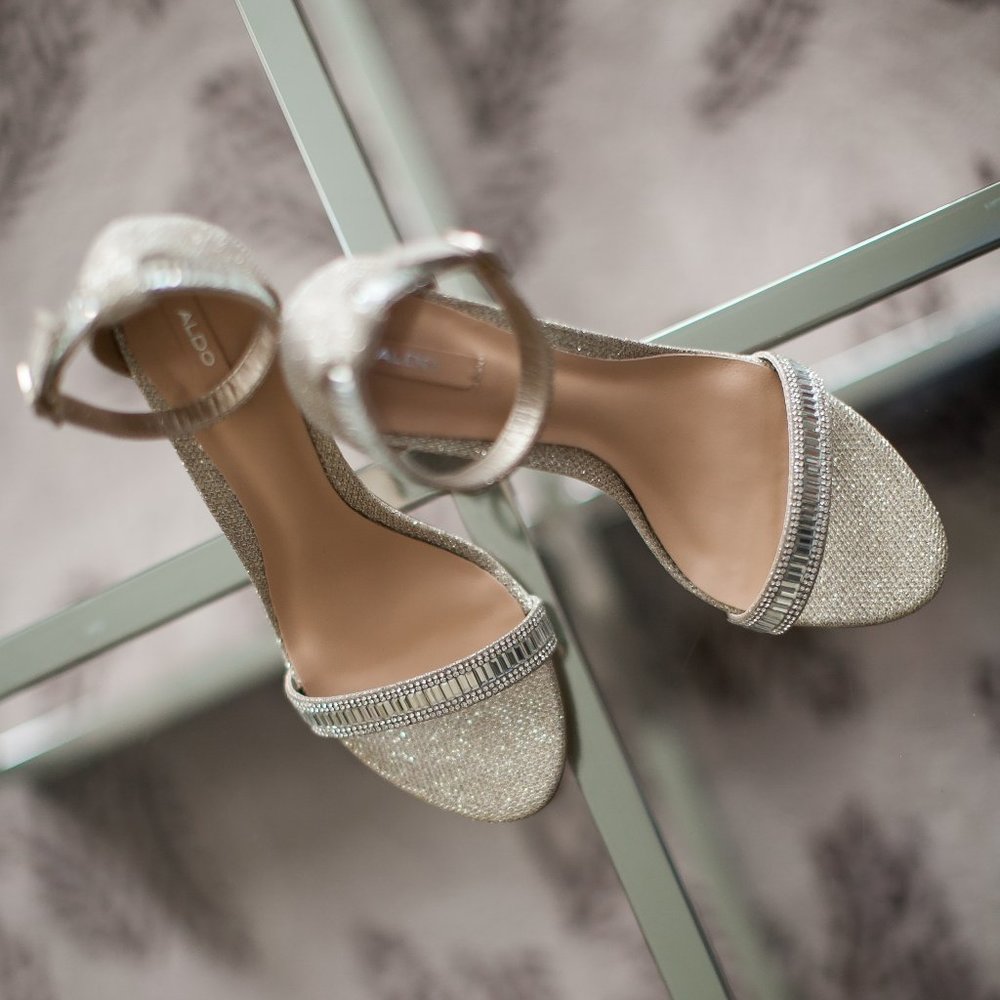 Aldo Gold Open Toe Rhinestone Ankle Strap Heels - Picture 2 of 5
